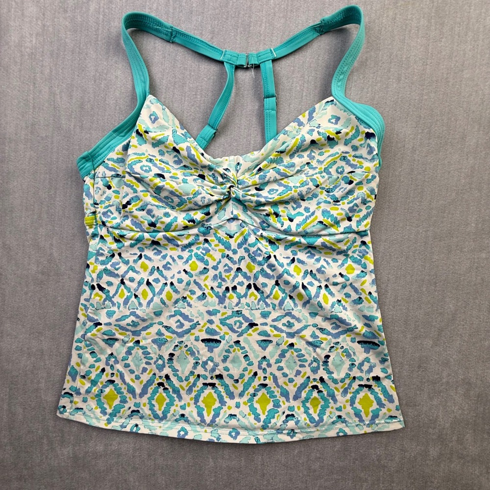 Title Nine Women Blue Lime Ikat Geometric Tankini Swim Top 34D T-Back Twist Knot